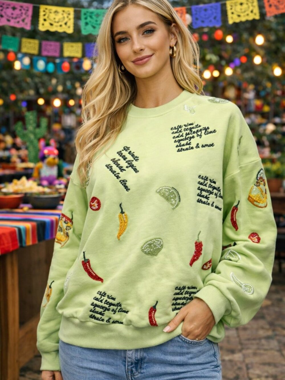 NWT Queen of Sparkles Lime Green Spicy Margarita Recipe Icon Sweatshirt - Picture 3 of 6